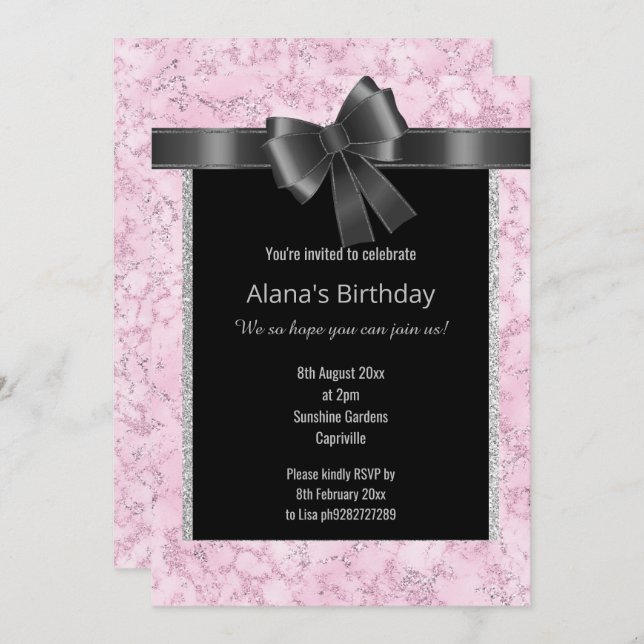 ELEGANT MARBLE GLITTER PINK SILVER BLACK BOW INVITATION (Front/Back)