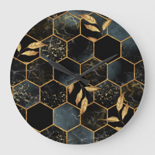 Elegant Marble & Gold: Abstract Hexagon Texture Large Clock
