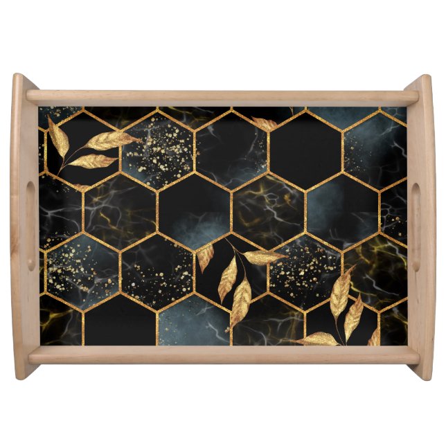 Elegant Marble & Gold: Abstract Hexagon Texture Serving Tray (Front)