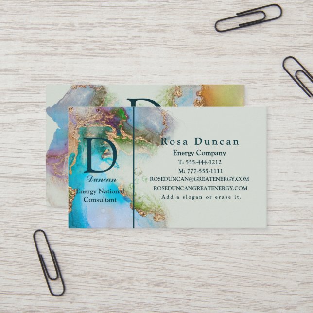 Elegant Marble Gold Blue White Mint Business Card (Front/Back In Situ)