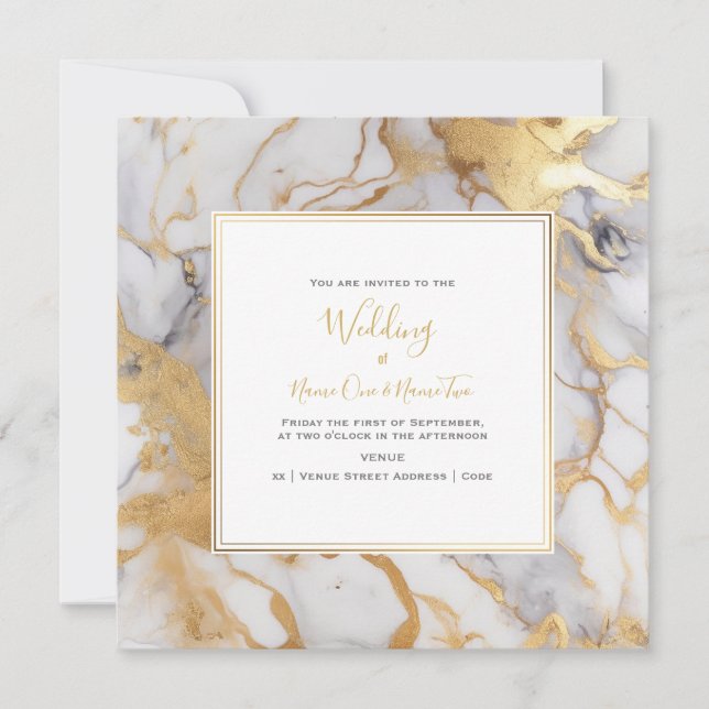 Elegant, marble gold effect, wedding invitation (Front)