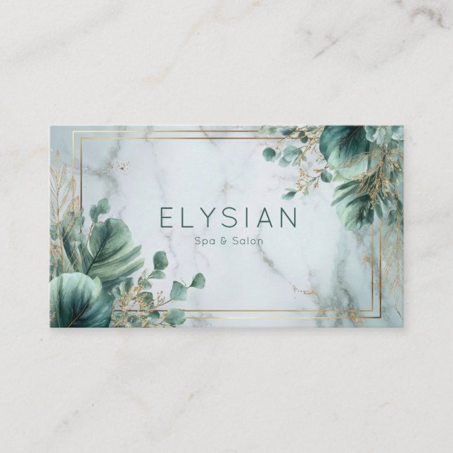 Elegant Marble Gold Geometric Eucalyptus Botanical Business Card (Front)