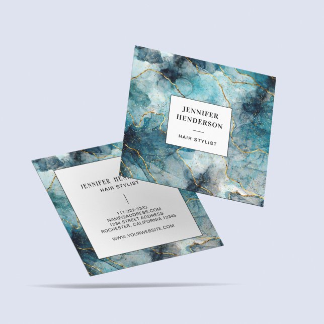 Elegant Marble Gold Glitter Agate Sparkle Blue  Square Business Card (Creator Uploaded)