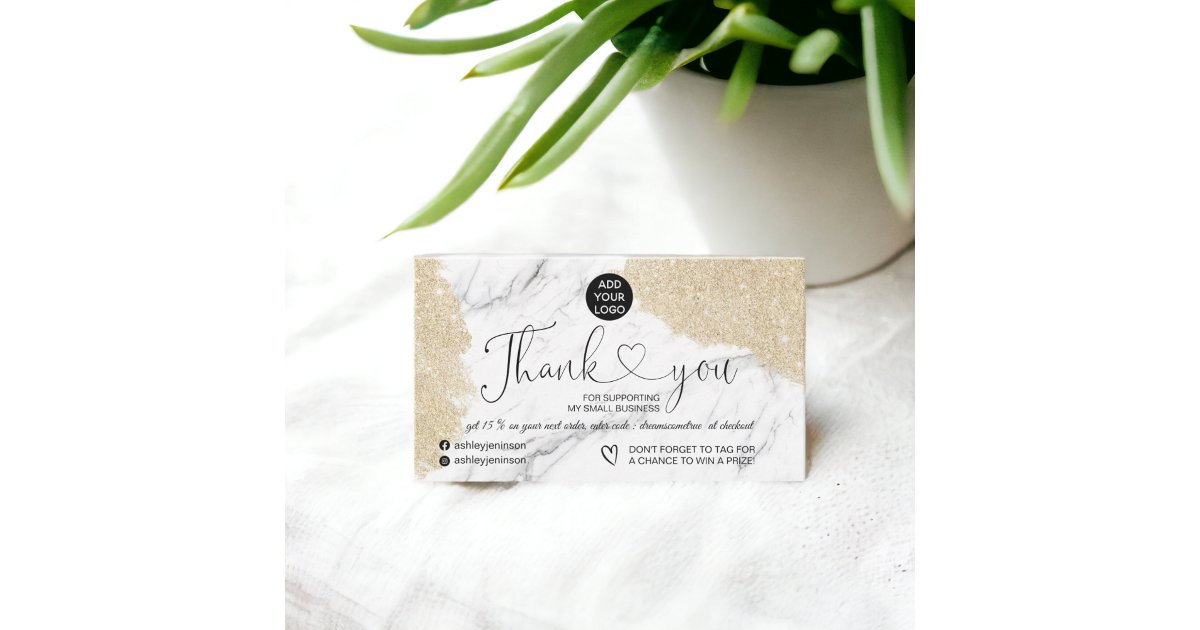 Elegant marble gold glitter logo order thank you business card | Zazzle