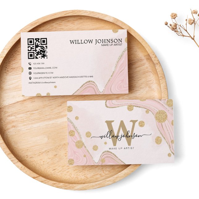 Elegant Marble Gold Pink Glitter QR Code Monogram Business Card (Creator Uploaded)