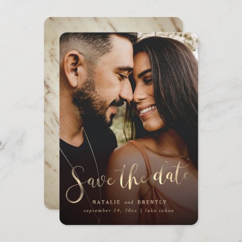 Elegant Marble Gold Script  Full Bleed Photo Save The Date