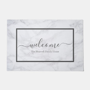 Elegant marble gray script family name welcome  doormat