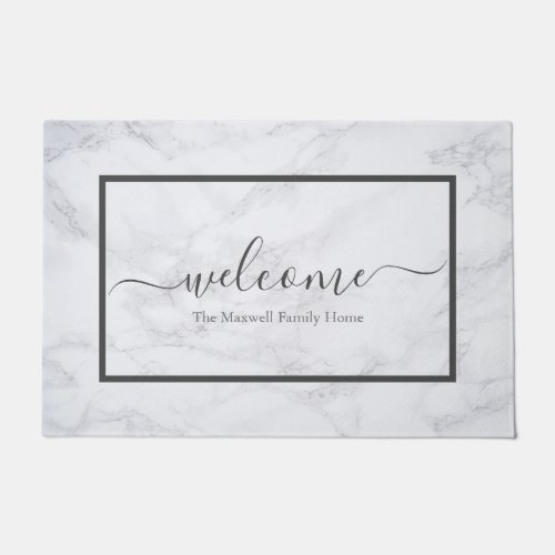 Elegant marble gray script family name welcome  doormat