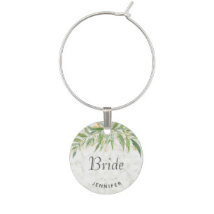 Elegant Marble Greenery Bride Wedding Wine Charm