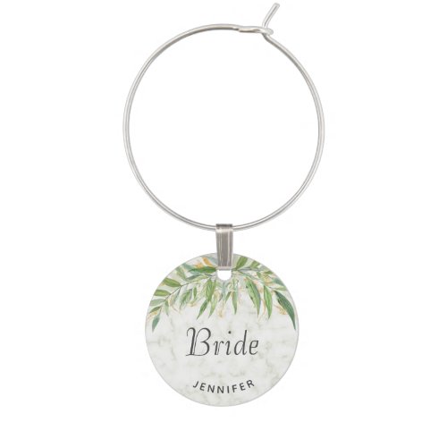 Elegant Marble Greenery Bride Wedding  Wine Charm