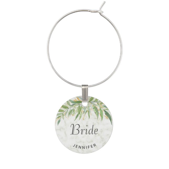 Elegant Marble Greenery Bride Wedding  Wine Charm (Front)