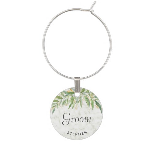 Elegant Marble Greenery Groom Wedding  Wine Charm