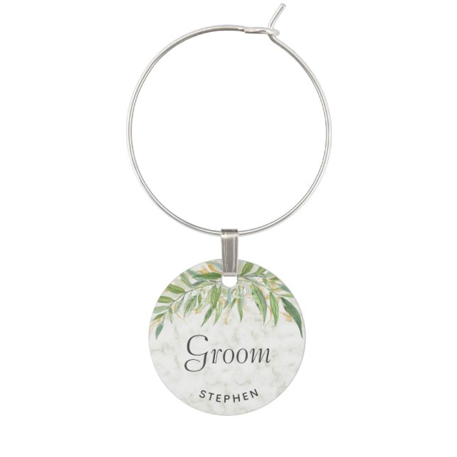 Elegant Marble Greenery Groom Wedding  Wine Charm (Front)
