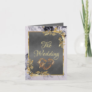 Elegant Marble, Grey, Gold Frame, Gold Heart Announcement