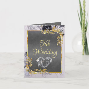 Elegant Marble, Grey, Gold Frame, Silver Heart Announcement