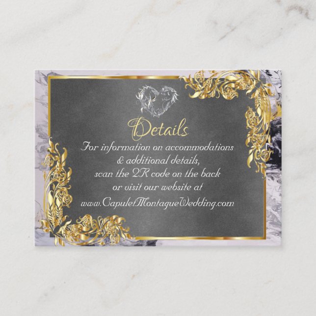 Elegant Marble, Grey, Gold Frame, Silver Heart Enclosure Card (Front)