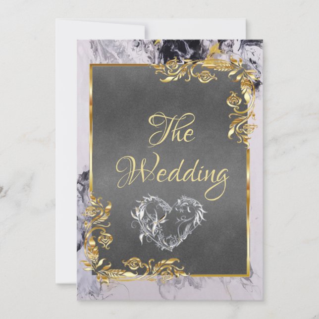 Elegant Marble, Grey, Gold Frame, Silver Heart Invitation (Front)