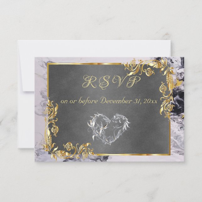 Elegant Marble, Grey, Gold Frame, Silver Heart RSVP Card (Front)