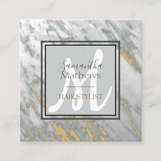 Elegant Marble Grey Gold Monogram Hair Stylist  Square Business Card (Front)
