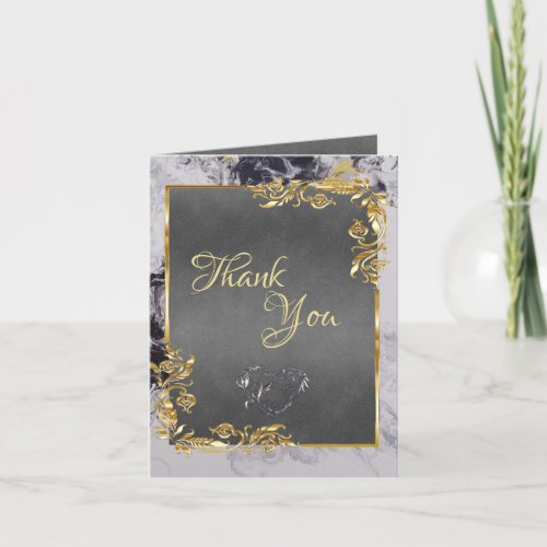 Elegant Marble Grey with Gold Leaves Frame Thank You Card