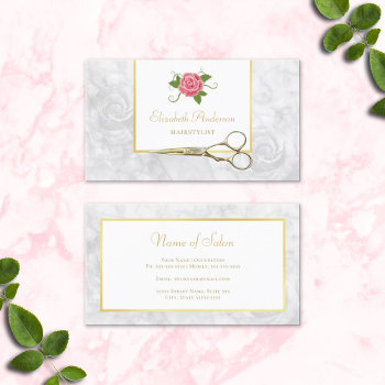 Elegant Marble Hairstylist Gold Shears And Rose Business Card by GirlyBusinessCards at Zazzle