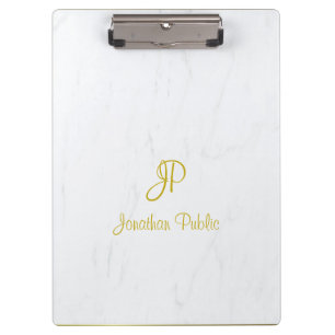 Elegant Marble Handwriting Script Gold Monogram Clipboard