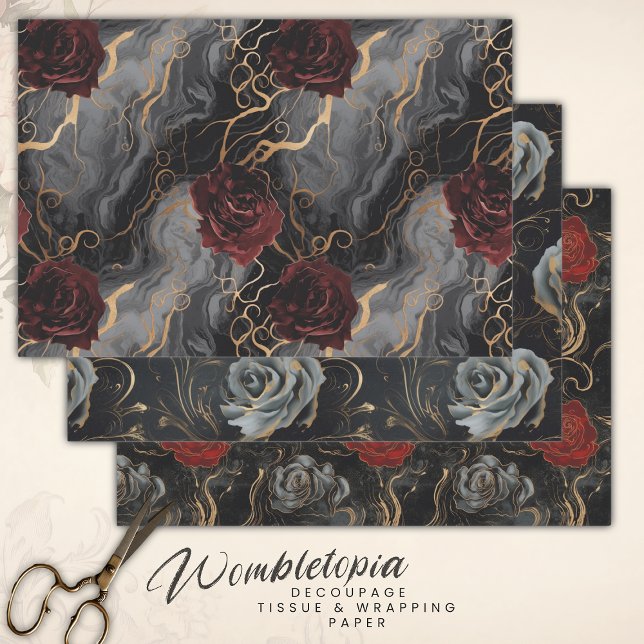 Elegant Marble in Grey Red and Gold Decoupage Wrapping Paper Sheets (Creator Uploaded)
