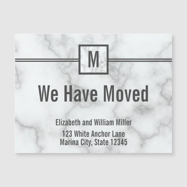 Elegant Marble Look Monogram Moving Announcement (Front)
