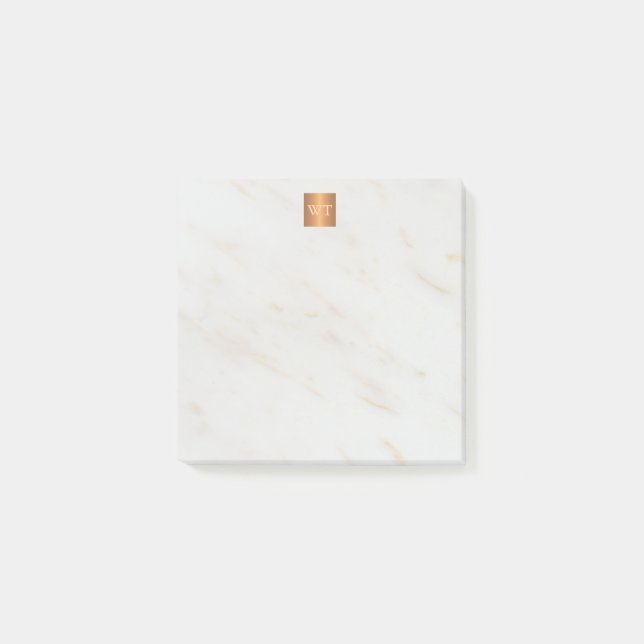 Elegant marble metallic copper square monogram post-it notes (Front)