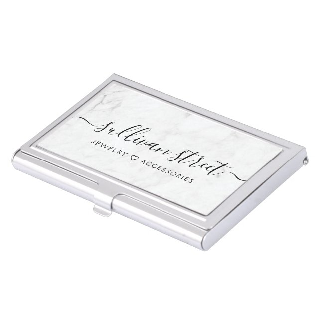 Elegant Marble Minimalist Script Jewelry Boutique Business Card Case (Front)