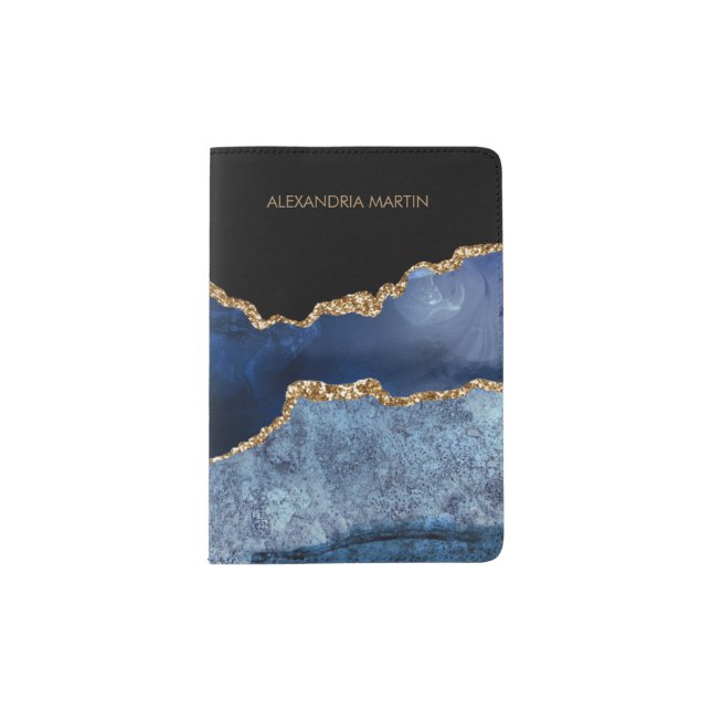 Elegant Marble Navy Blue Gold Glitter Agate Passport Holder (Front)
