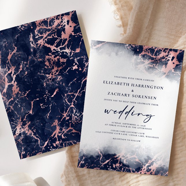 Elegant Marble Navy Blue Rose Gold Wedding Invitation (Creator Uploaded)