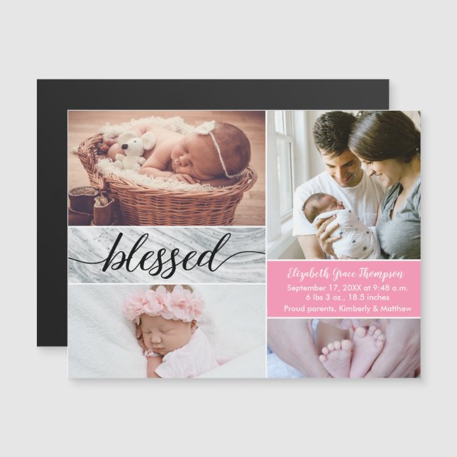 Elegant Marble Pink Blessed Script Baby Girl Photo Magnetic Invitation (Front/Back)