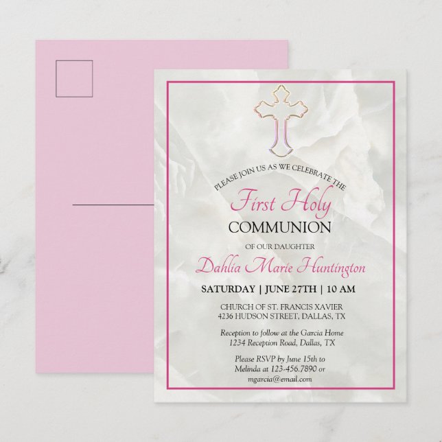 Elegant Marble Pink Girls First Holy Communion  Invitation Postcard (Front/Back)