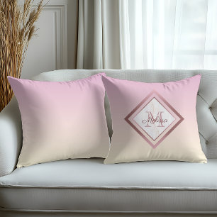 Elegant Marble Pink Gradient Rose Gold Monogram Throw Pillow