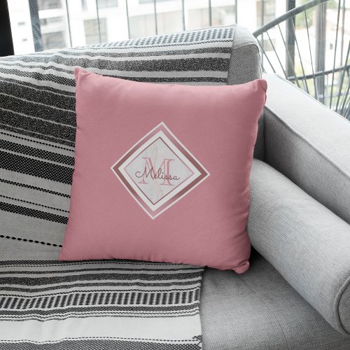 Elegant Marble Pink Rose Gold Monogram Throw Pillow