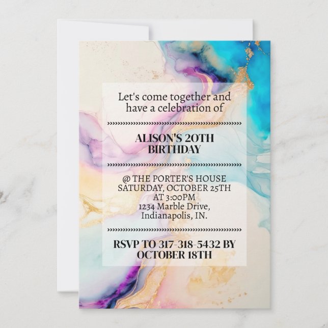 Elegant Marble Print Birthday Party Invitation (Front)