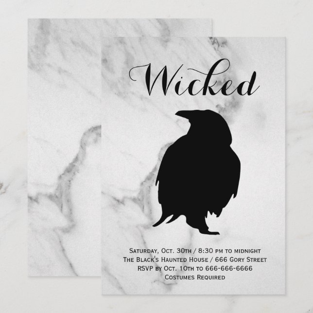 Elegant Marble Raven Halloween Costume Party Invitation (Front/Back)