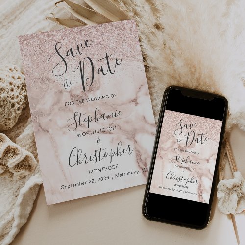 Elegant Marble Rose Gold Glitter Save the Date Invitation