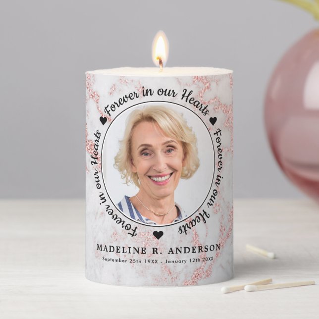 Elegant Marble Rose Gold Keepsake Memorial Photo Pillar Candle (In Situ)