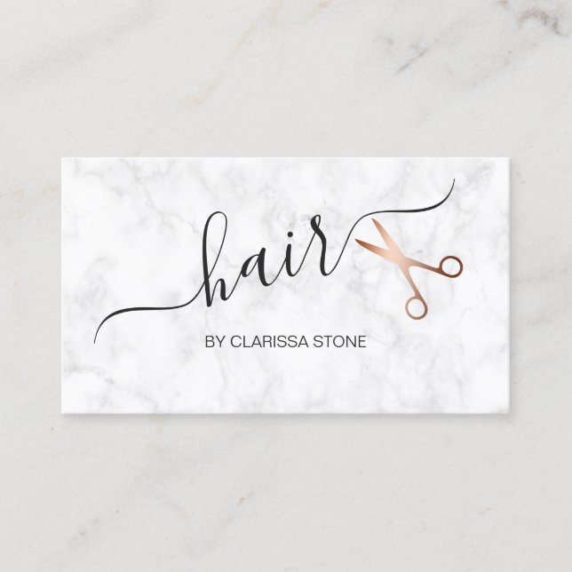 Elegant marble & rose gold scissors hairstylist business card (Front)