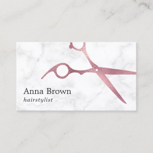 Elegant marble  rose gold scissors hairstylist business card