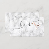 Elegant marble & rose gold scissors hairstylist business card (Front/Back)