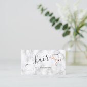 Elegant marble & rose gold scissors hairstylist business card (Standing Front)