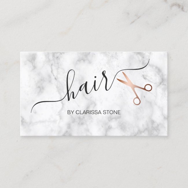 Elegant marble & rose gold scissors hairstylist business card