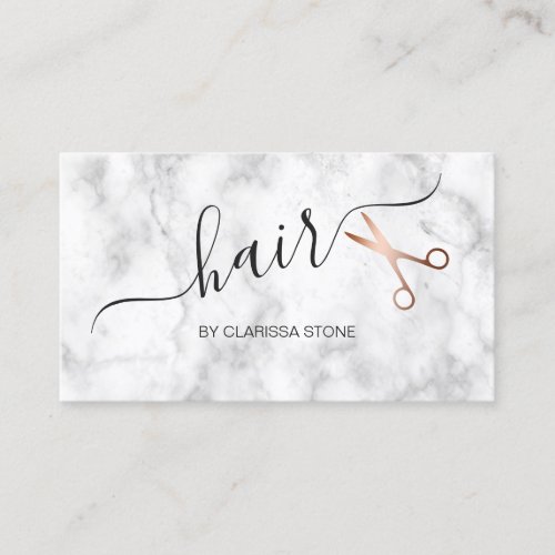 Elegant marble  rose gold scissors hairstylist business card