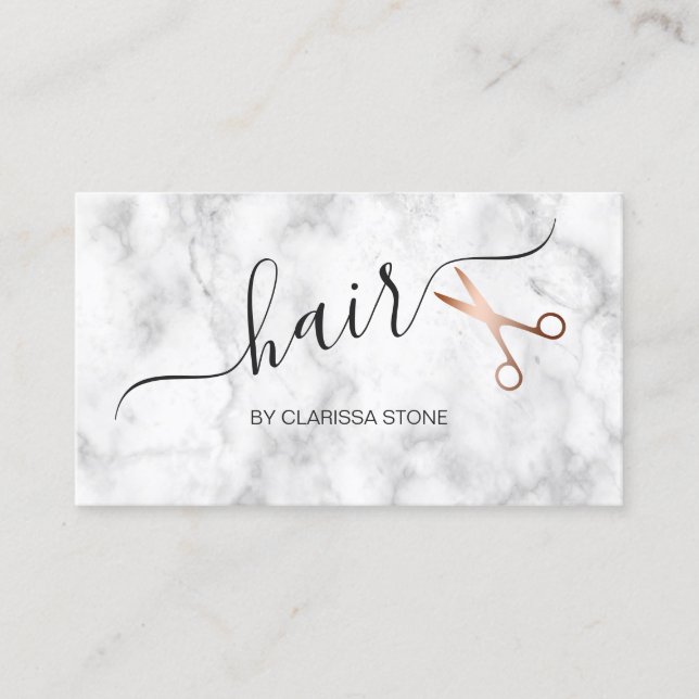 Elegant marble & rose gold scissors hairstylist business card (Front)