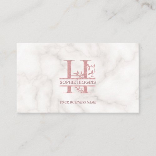 Elegant Marble Rose Gold Split Monogram Letter H Business Card