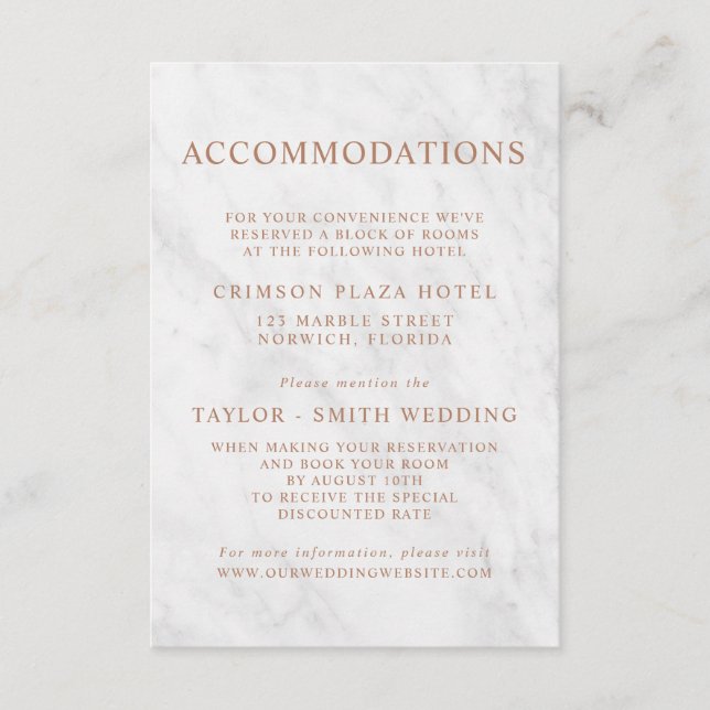 Elegant Marble Rose Gold Wedding Accommodations Enclosure Card (Front)