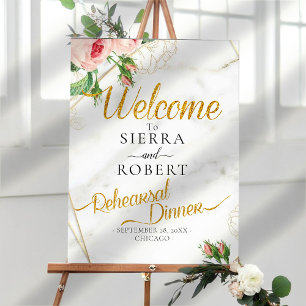 Elegant Marble Roses Rehearsal Dinner Welcome Sign